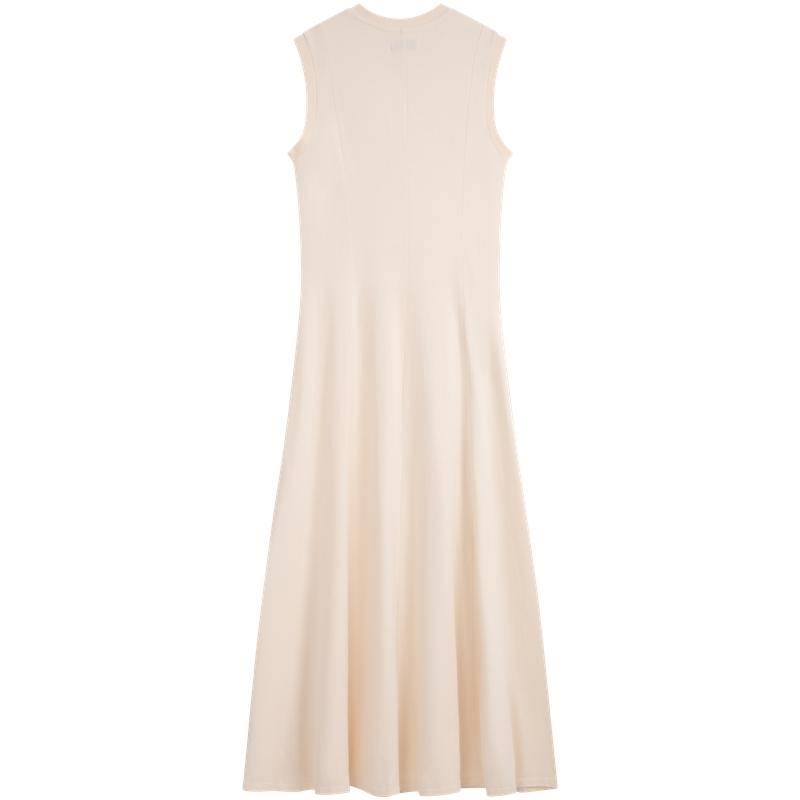 Calvin Klein Simple White Summer Collection Solid Color Round Neck Casual Long A-Line Sleeveless Dress Women Dresses Oatmeal-White 40WK278