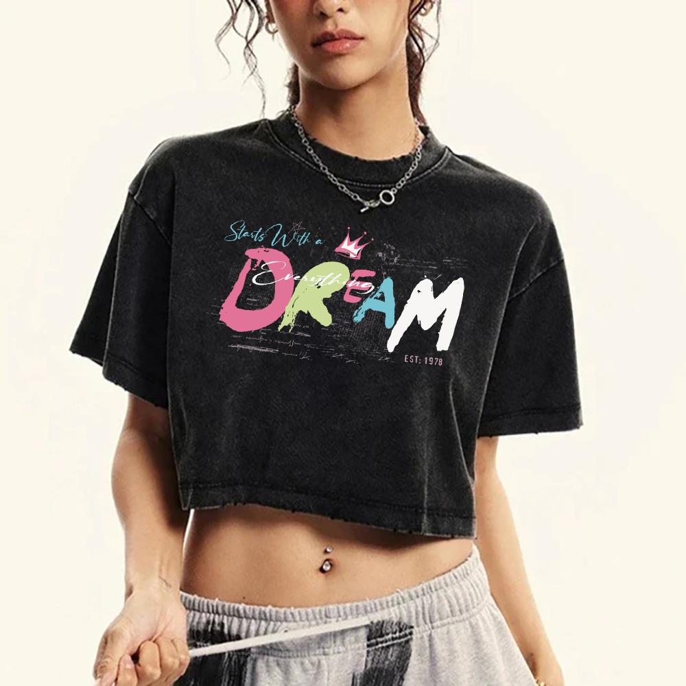 Starts With A Dream Graffiti Printing Womens Washed Slim T Shirt Retro Fitness T Shirts Cotton Casual Fashion Cool Tee