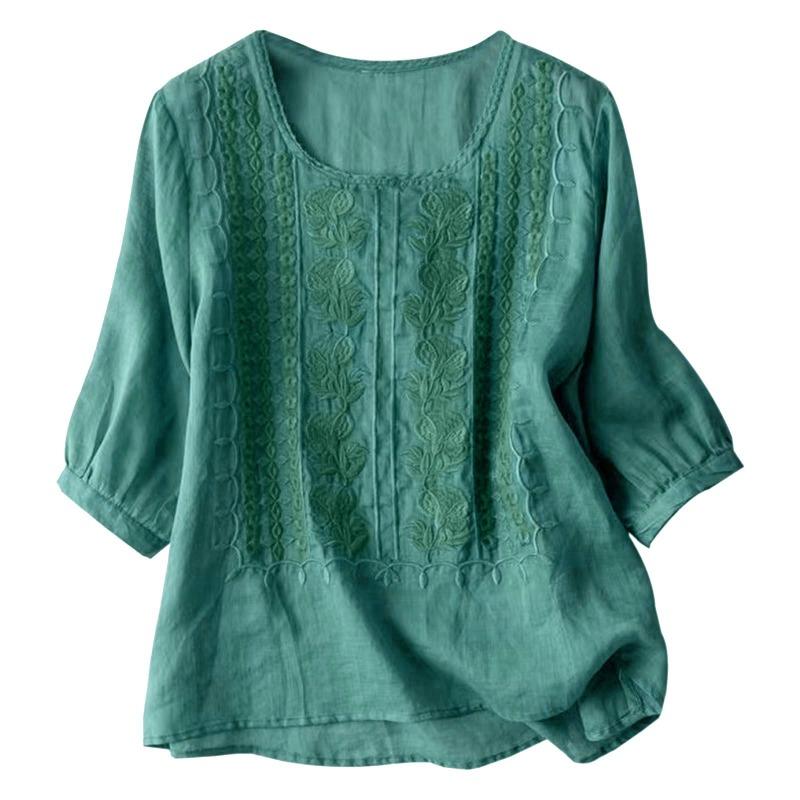 Summer Elegant Embroidery Loose Women Blouse Large Size Casual T-shirt Loose Simple Office Solid Color Fashion Elegant O Neck Sweet Shirts Clothing