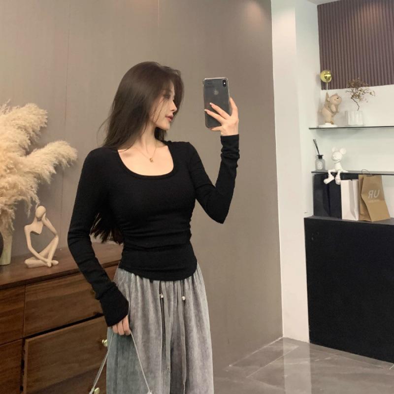 Quality U-neck long-sleeved T-shirt women s new early autumn new versatile shirt S