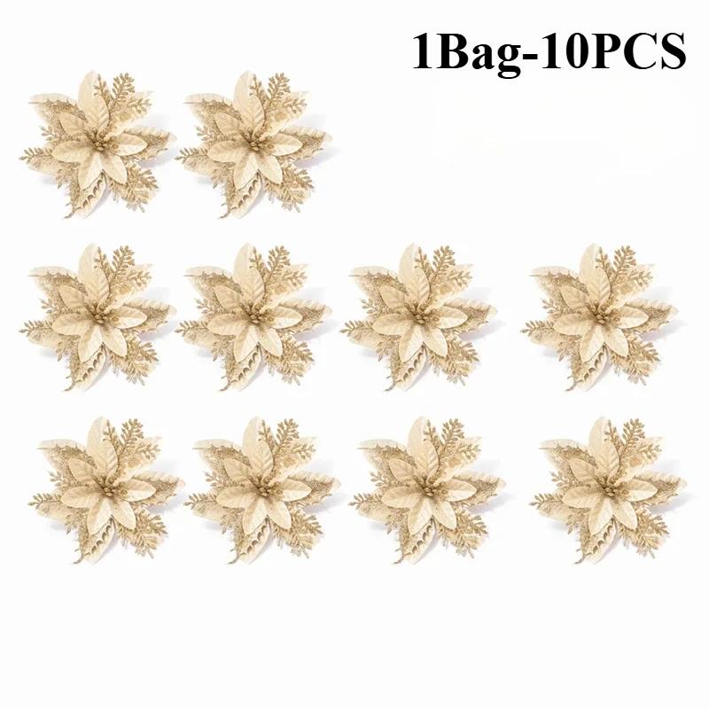 50PCS Christmas Flower Glitter Powder Artificial Flower Christmas Decoration Christmas Tree Flower Christmas Gift Box Decora