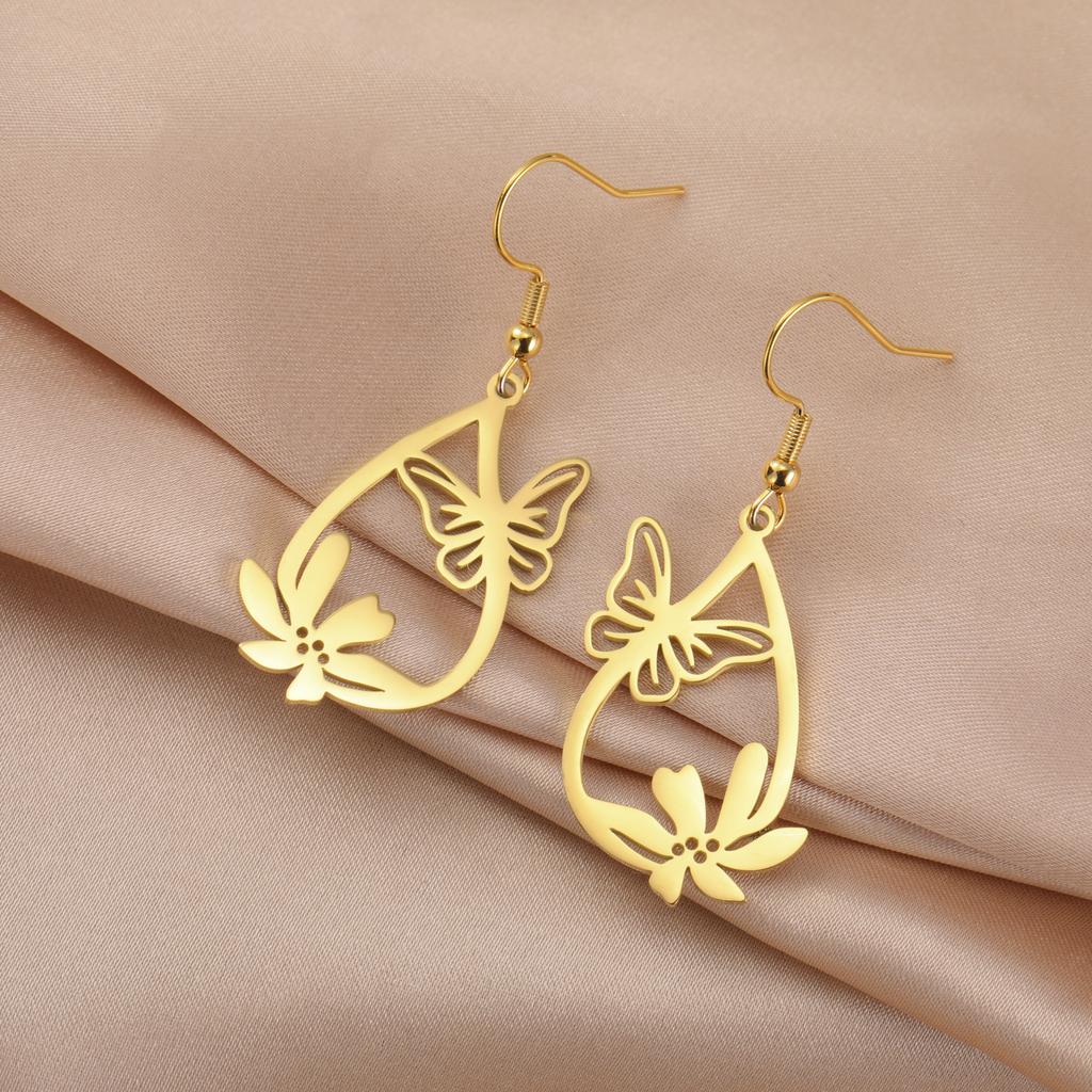 Teamer Butterfly and Flower Waterdrop Pendant Earrings Women Girls Stainless Steel Gold Color Hoop Earring Bohemian Jewelry Gift