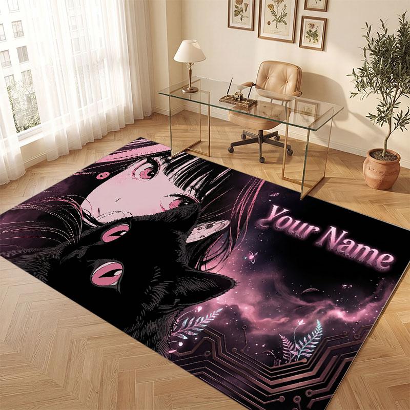 Cat Theme Crystal Velvet Floor Rug Personalized Custom Name Text Warm Carpet Home Decoration