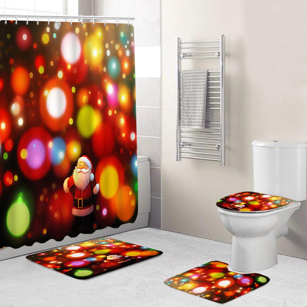 Christmas Toilet Cover Shower Curtain Floor Mat Set Santa Carpet Door Mat Foot Mat Non-Slip Mat