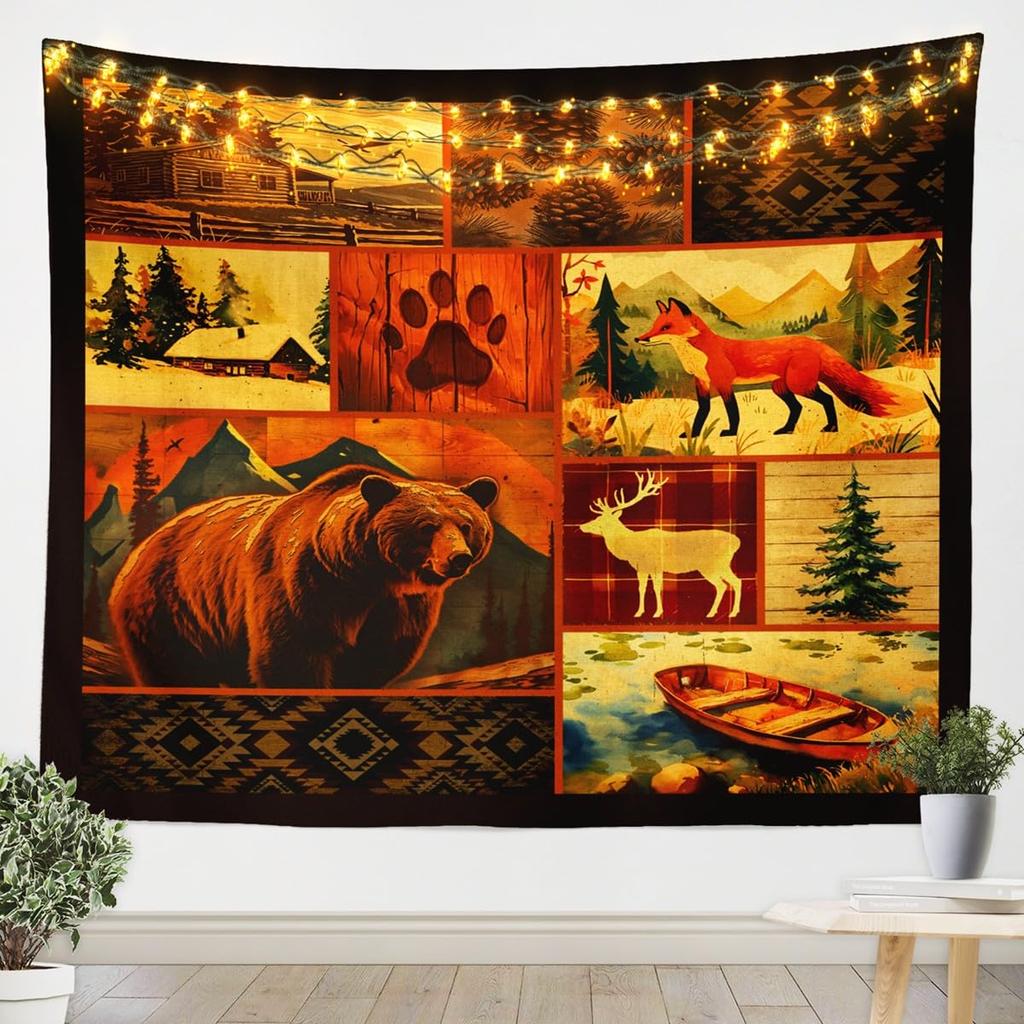 Wolf Print Tapestry Wall Hanging Wildlife Hunting Theme Tapestry for Kids Boys Girls Western Farmhouse Wall Tapestry Rustic