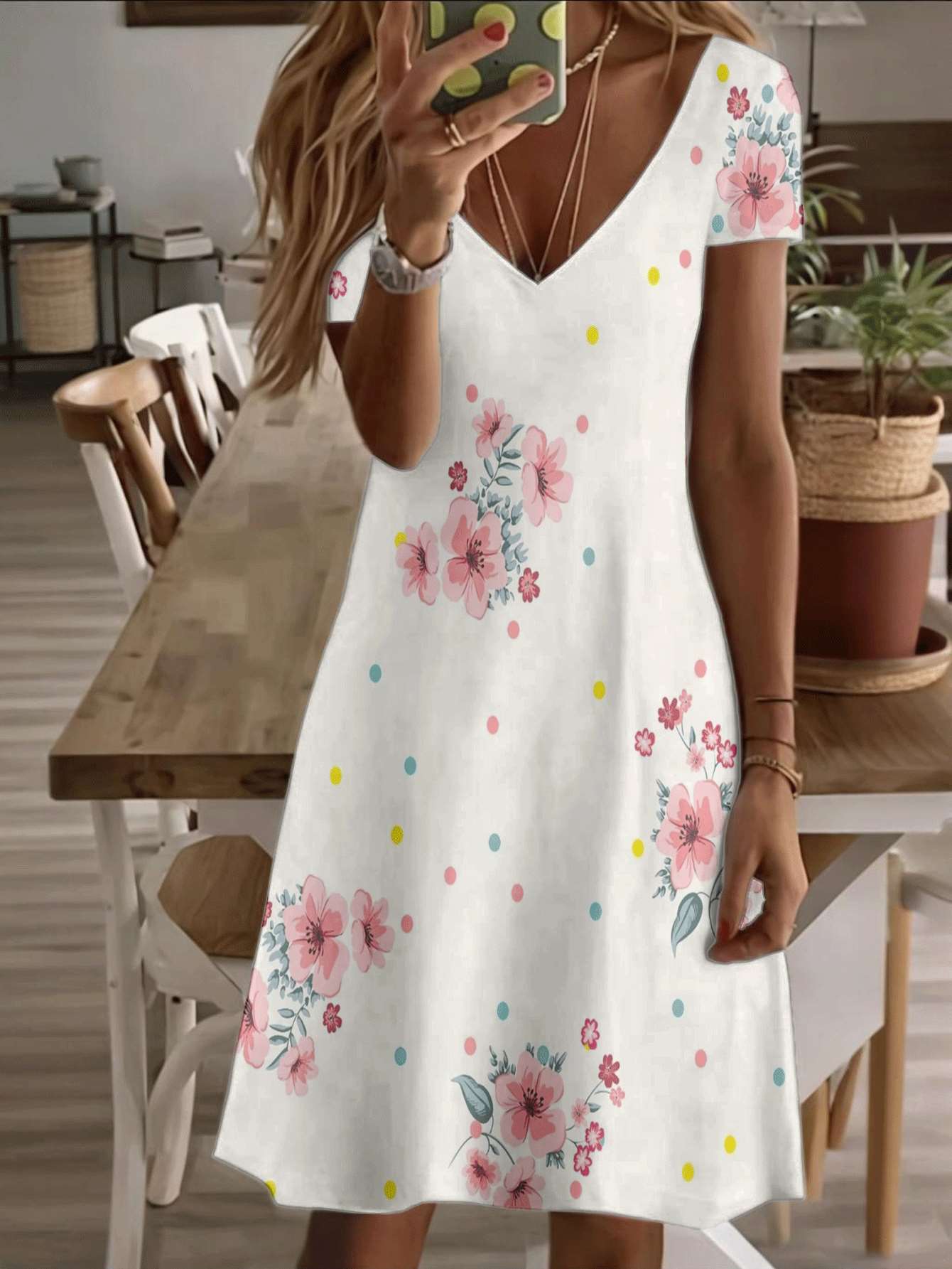

Vneck shortsleeve midi dress floral pattern pink flower print 3D premium printing durable and stylish casual fashion summer beach outfit soft breathab 6XL