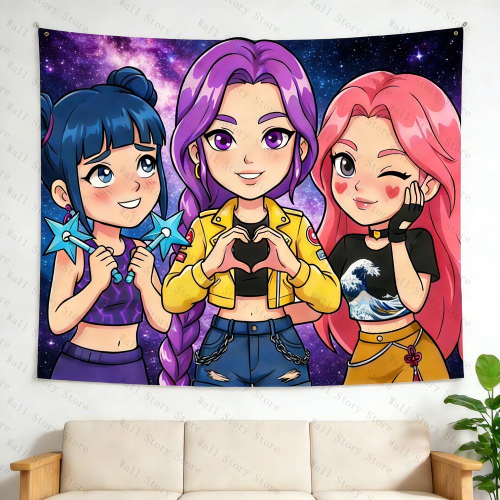 Trendy Kpop Wall Tapestry Cute Cartoon Starry Backdrop Aesthetic Room Decor for Kpop Fans Durable  Washable Bedroom Tapestry