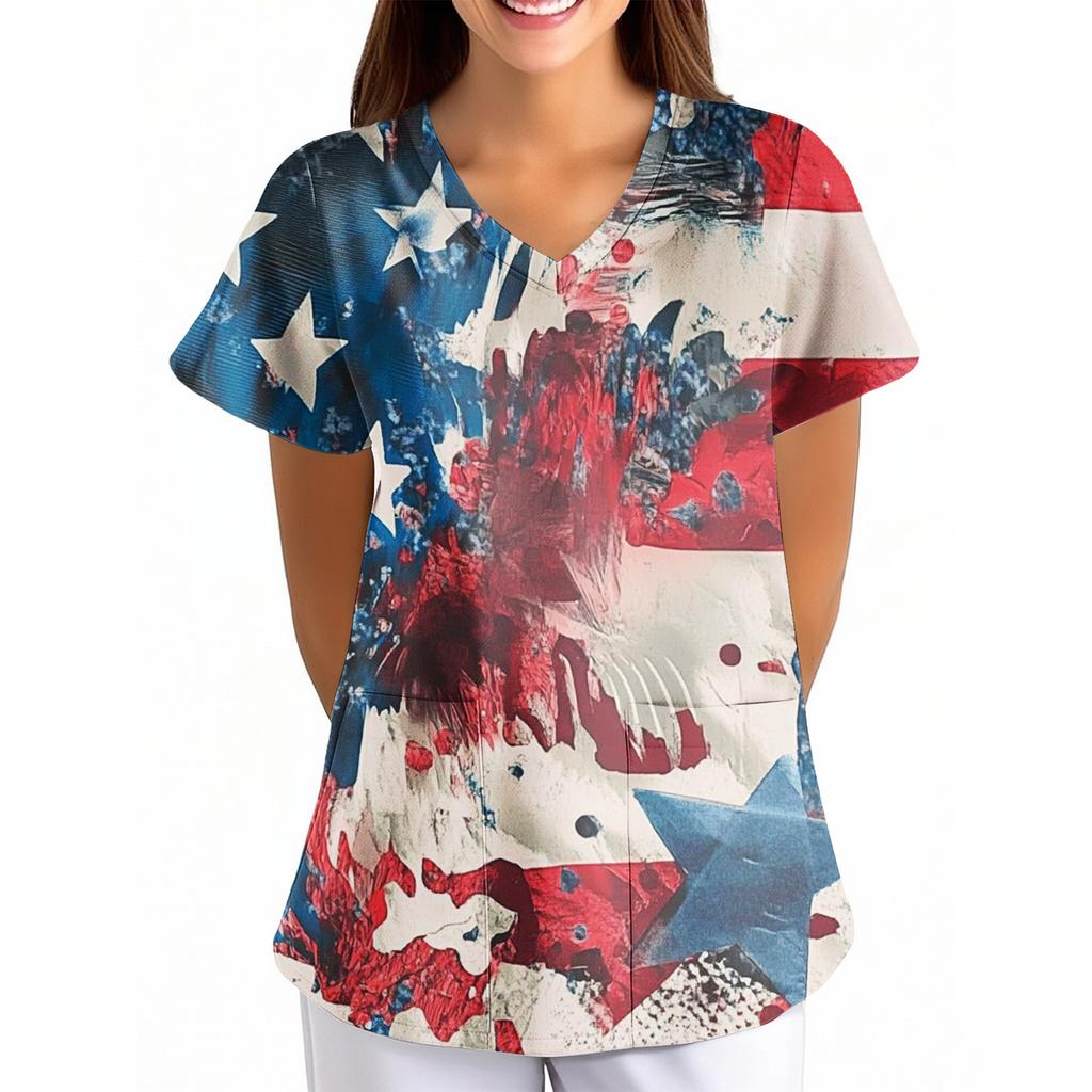 Women's Independence Day Printed Loose V-Neck Pocket Short-Sleeved  Clothing