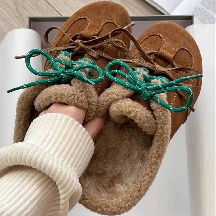 Thick Soled Retro and Fuzzy Fur Shoes for Women, 2025 Winter New Fashion, Wearing Cotton Slippers with Toe Caps for Outerwear