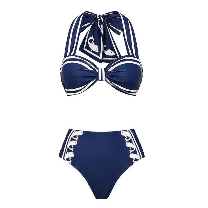 1011 Europäischer und amerikanischer Bikini neues Marineblau Hals hoher Bund geteilt Badeanzug Anzug weiblich Explosion 11198