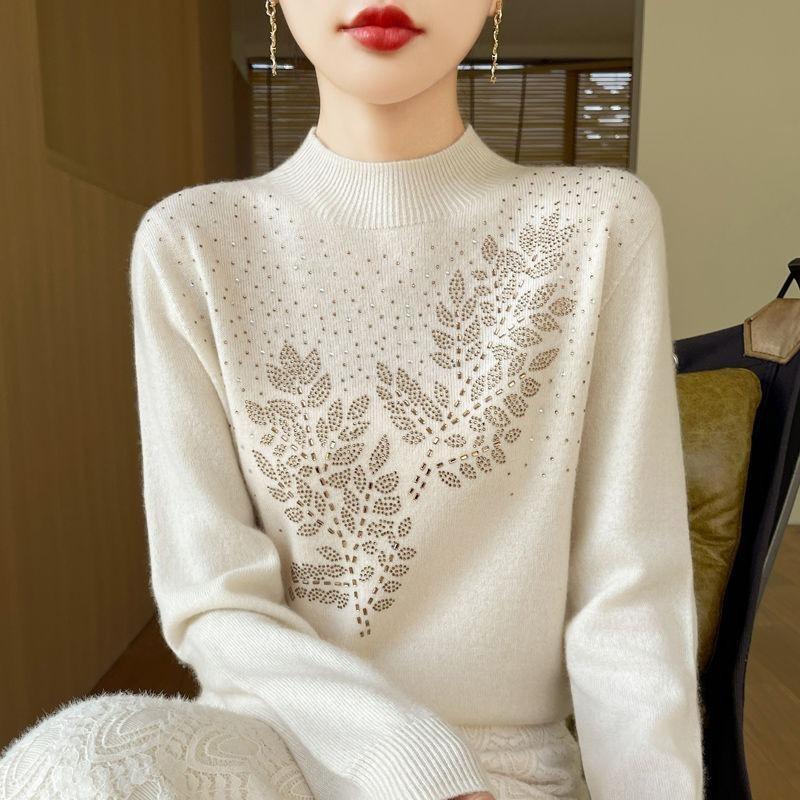 Heavy-duty Hot-drilled Half-turtleneck Women Bottoming Shirt Mid-collar Loose Coat Woolen Sweater