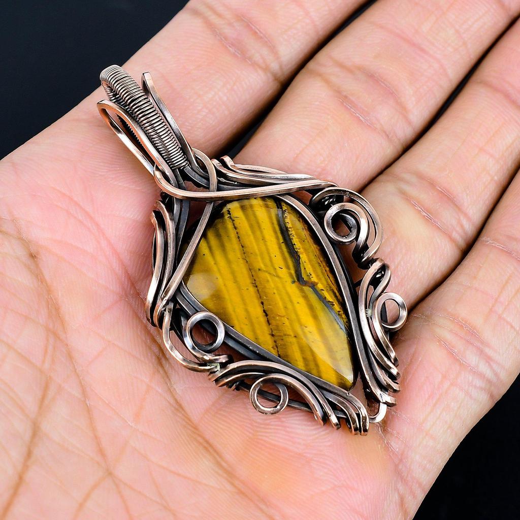 Tiger's Eye 999 Copper Wire Wrapped Pendant, Handmade Gemstone Pendant , Gift For Mom Antique Jewelry