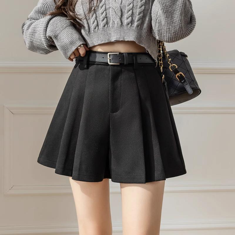 

2024 Приталенная женская юбка-брюки А-силуэта с высокой талией и плиссировкой из шерсти для зимы 3XL чёрный