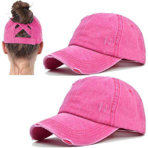 2 Packs Womens Ponytail Criss Cross Hat Baseball Cap Distressed Ponytail Hat High Messy Bun Trucker Ponycap
