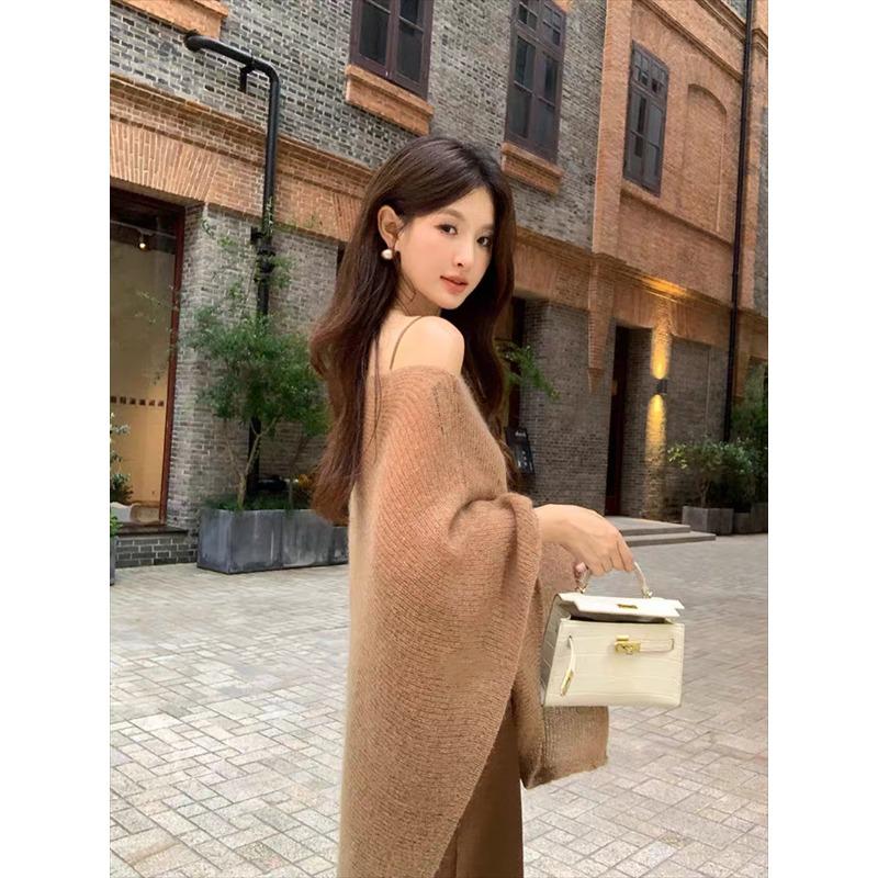Irregular Loose Fit Knitwaer Off Shoulder Cape Blouse Casual  Cover Up Solid Color Knitted Blouses Sheer Knit Poncho Top Elegant Layering Clothing