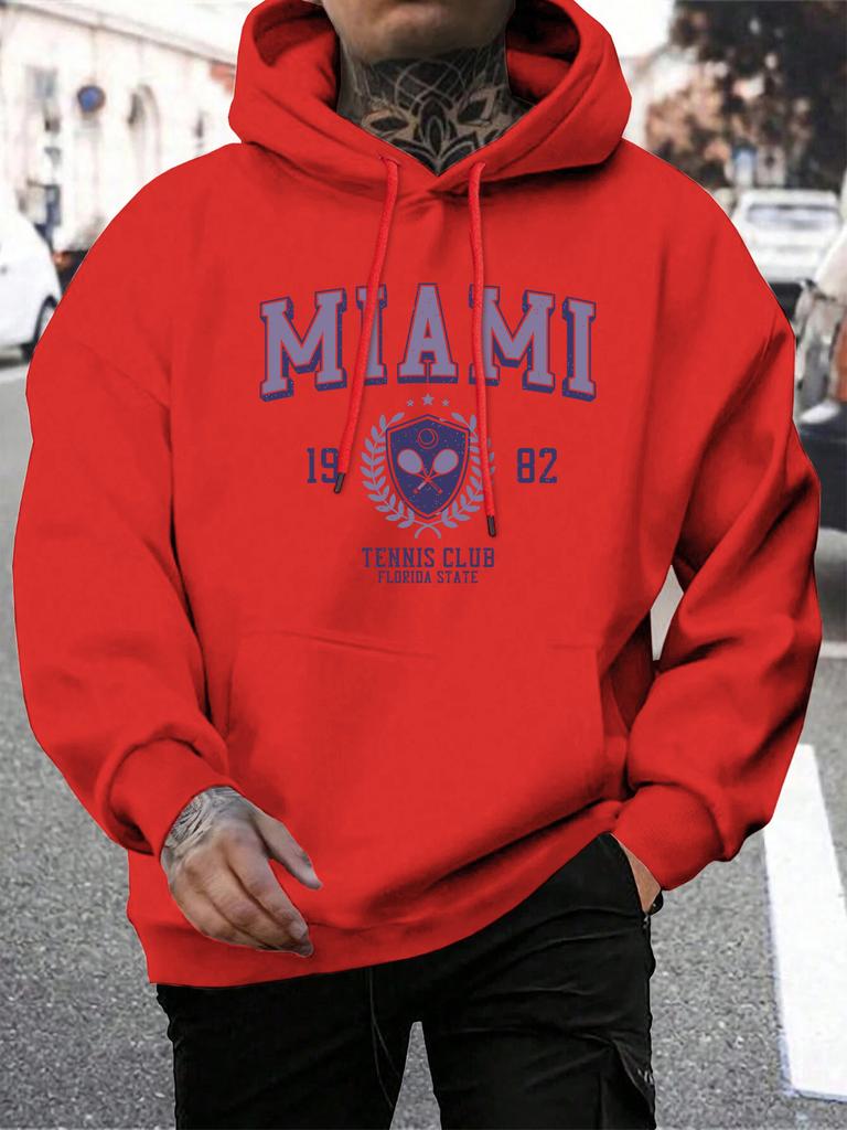 Miami 1982 Letter Print Pullover Men'S Fashion Quality Hooded Warm Casual Hoody Man Simple Loose Tops