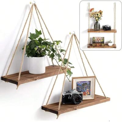 1 pièce Balançoire en bois suspendue Corde de chanvre Décoration de jardin Étagère murale Montée Flottante Maison Salon Pot de fleurs Plateau Rangement