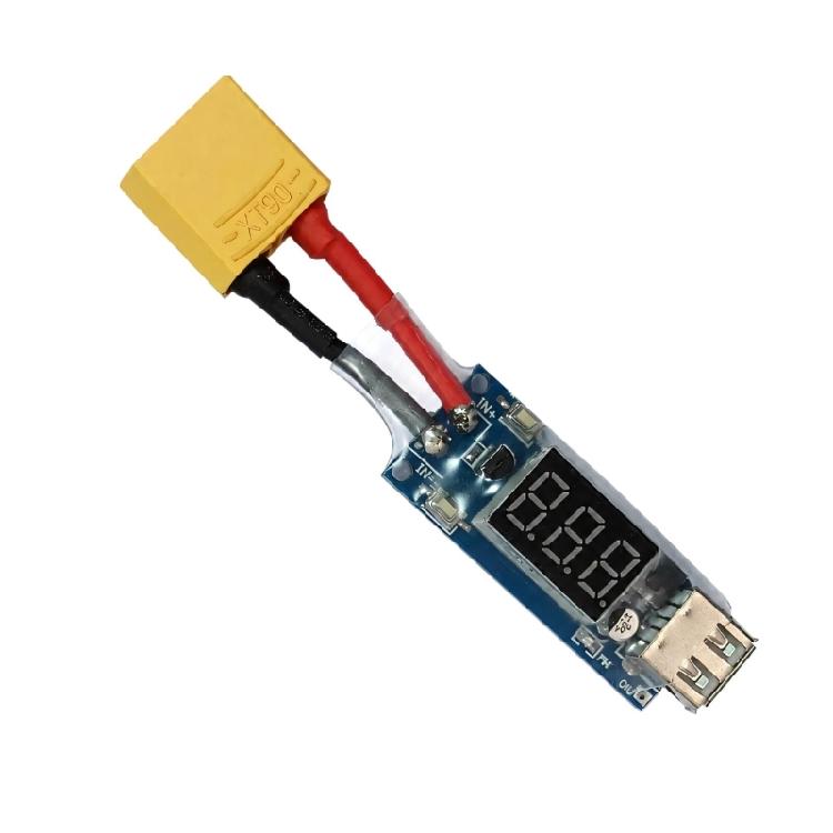 5V, 2A USB Power Cable with XT90 Male Battery Input, Digital Input Readout, and USB-A Female Output for Direct Battery Power Conversion