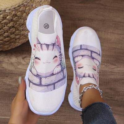 Cartoon Print Platform Sneakers Women Breathable Knitting Non-Slip Sports Shoes Ladies Thick Bottom Soft Slip-On Casual Shoes