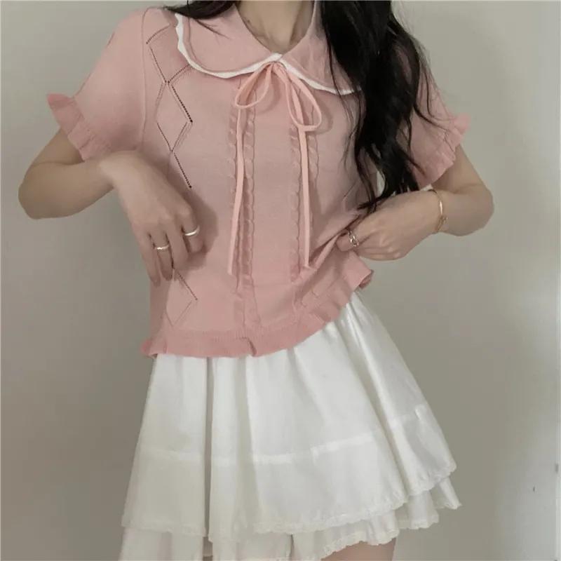 Women Bow Doll Collar Cable Knit Top