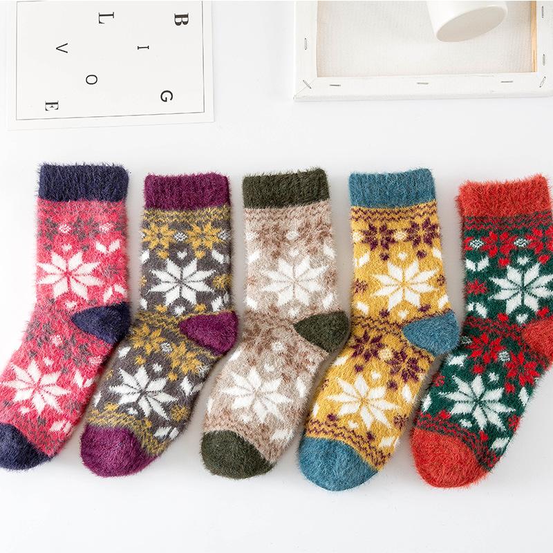 5 Pairs of Women's Autumn and Winter New Octagonal Imitation Ferret Thick Rabbit Wool Tube Socks