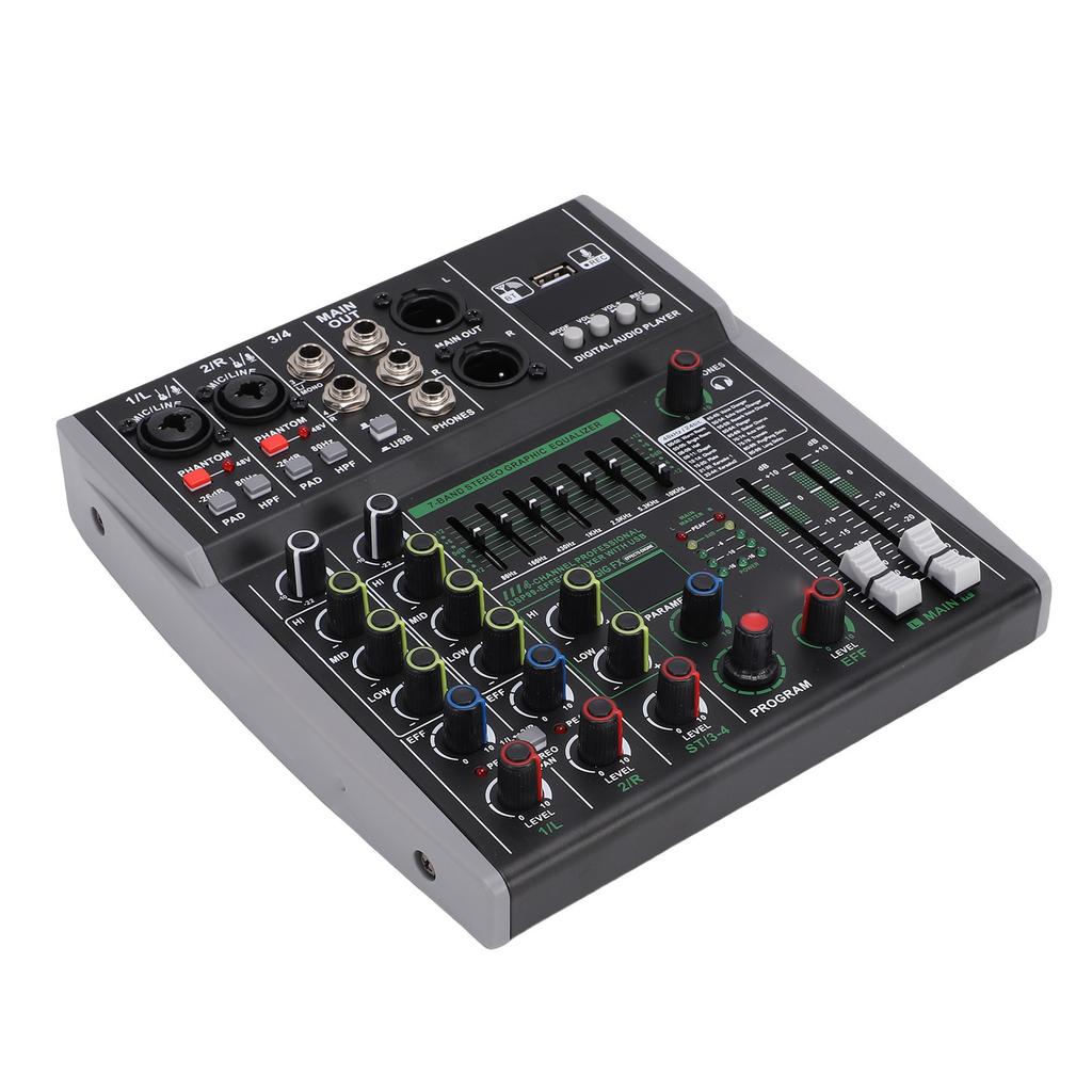 4 Channel Sound Mixer Stereo Bluetooth Mixing Console for Live Recording Karaoke 99 Bit Digital Signal Processor 7 Band