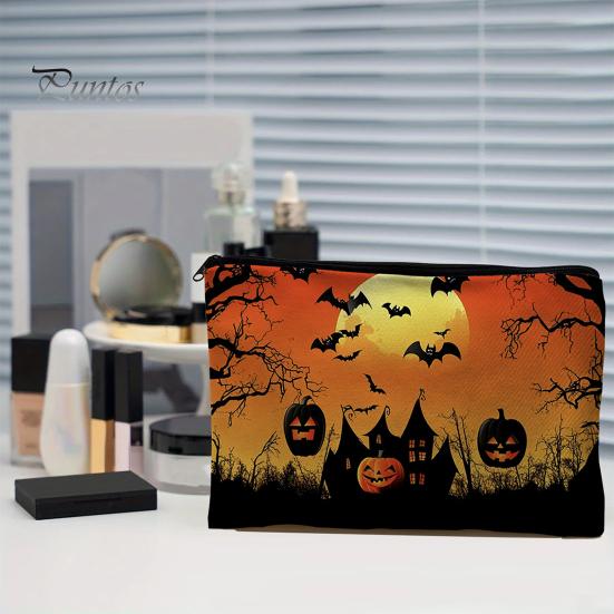 Versatile Zippered Storage Bag Halloween Bag, with Pumpkin Ghost Print, Durable Canvas Stationery Large Capacity Makeup Pouch, for Travel And