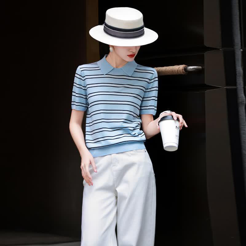 Lanseer 2026 Summer Striped Lapel Knit Top