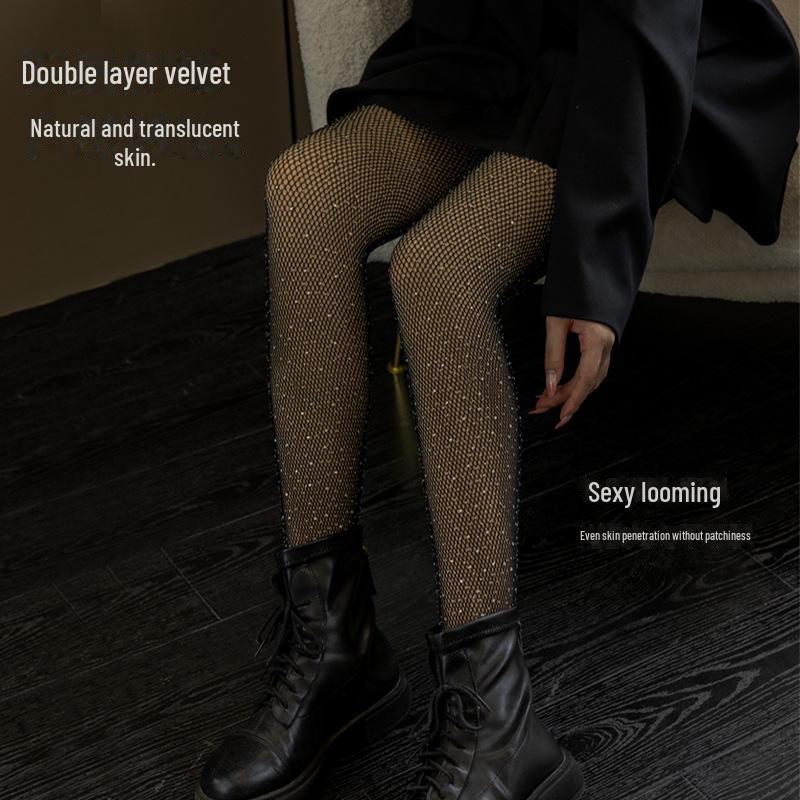 Spring & Fall Velvet-Lined Diamond Fishnet Stockings, Black Anti-Hook Sexy JK Pantyhose