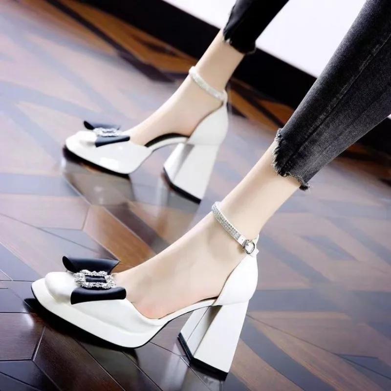 Fashion 2025 Fashion Women's High Heels Square Toe Bow Tie Chunky Heels Dress Pumps Buckle Strap Crystal Shoes for Shoes Female Zapatos
