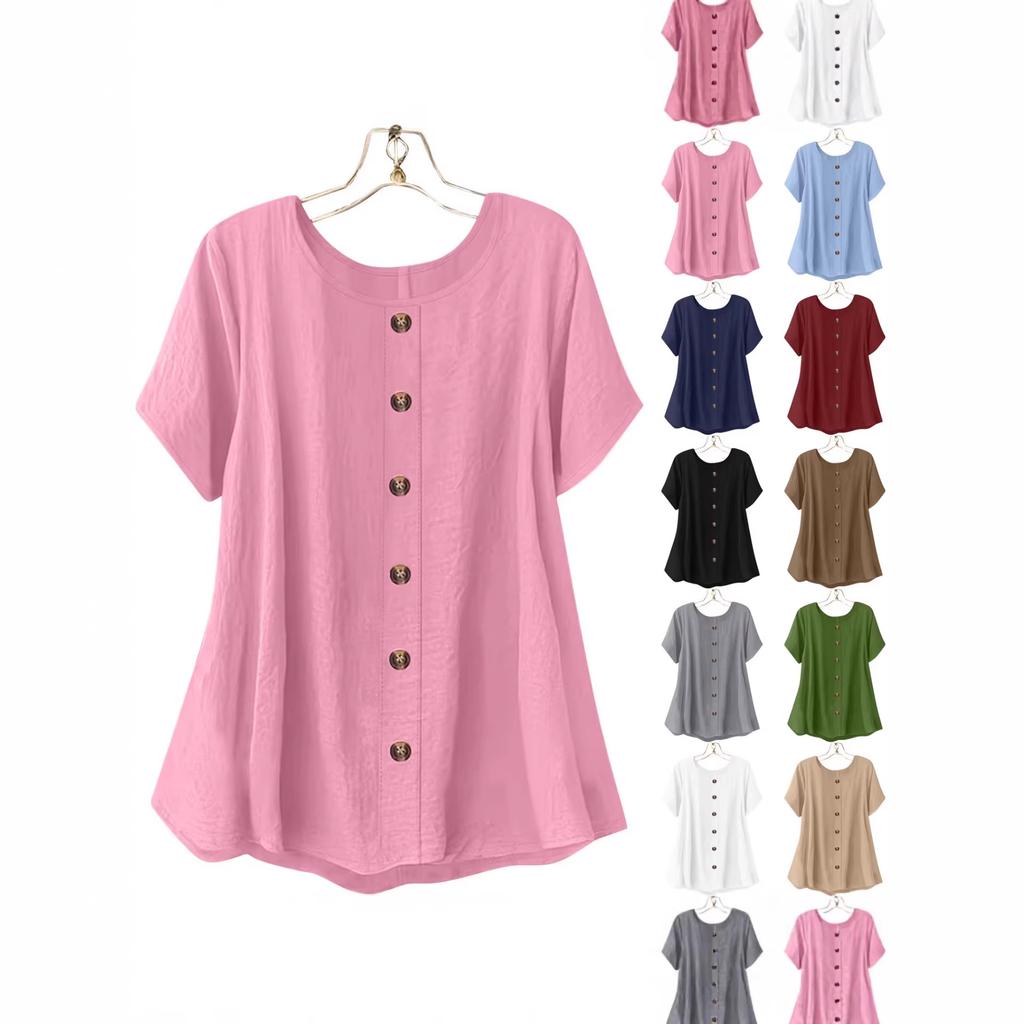 Women's Short Sleeve Blouse O Neck Streetwear Button Decor Loose Fit Top Tunic