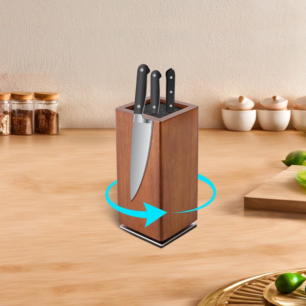 360° Rotating Magnetic Knife Block - Strong Magnet, Acacia Wood & PP Core, Drainage Holes for Dryness, Durable & Space-Saving Design (11x11x24. 6cm)
