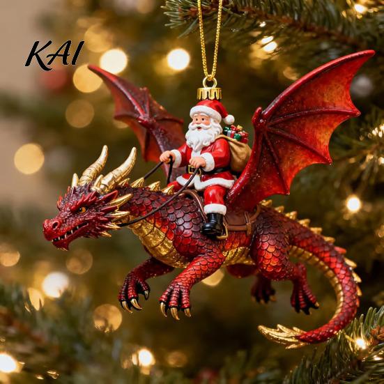 Santa Claus Riding Dragon Decor Rider Christmas Ornament, 2D Acrylic Red Tree Hanging Ornament with Flying Decorations for Home Parties Fantasy Style