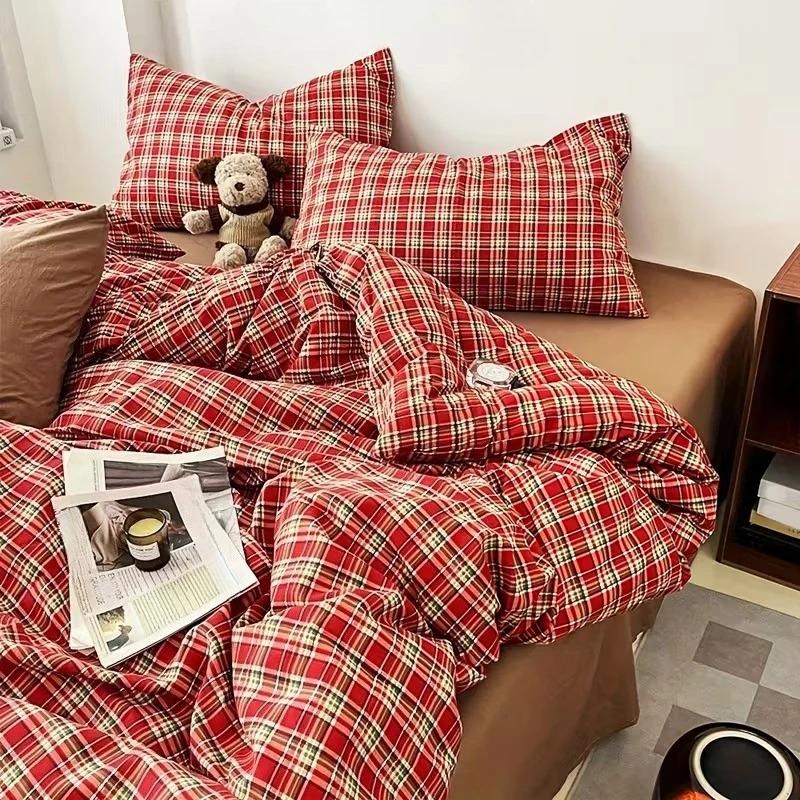 Christmas Style 3/4pcs Simple Plaid Bedding Set Skin-friendly Breathable Quilt Cover Machine Washable Home Bedroom Guest Room