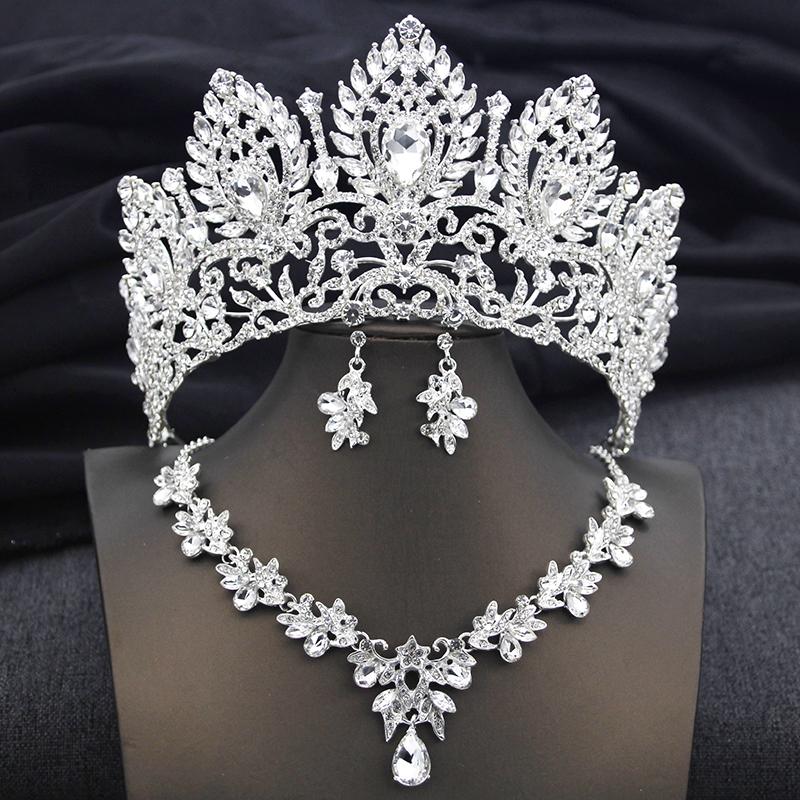 Luxury Green Crown Bridal Jewelry Sets for Women Tiaras and Necklace Earrings Bride Jewelry Set Wedding Costume accessories