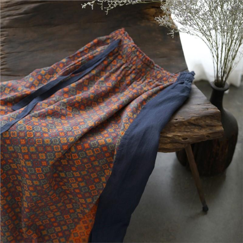 Johnature Women Vintage Print Floral Skirts Elastic Waist Cotton Soft Cloths Summer Loose Patchwork Color Skirts
