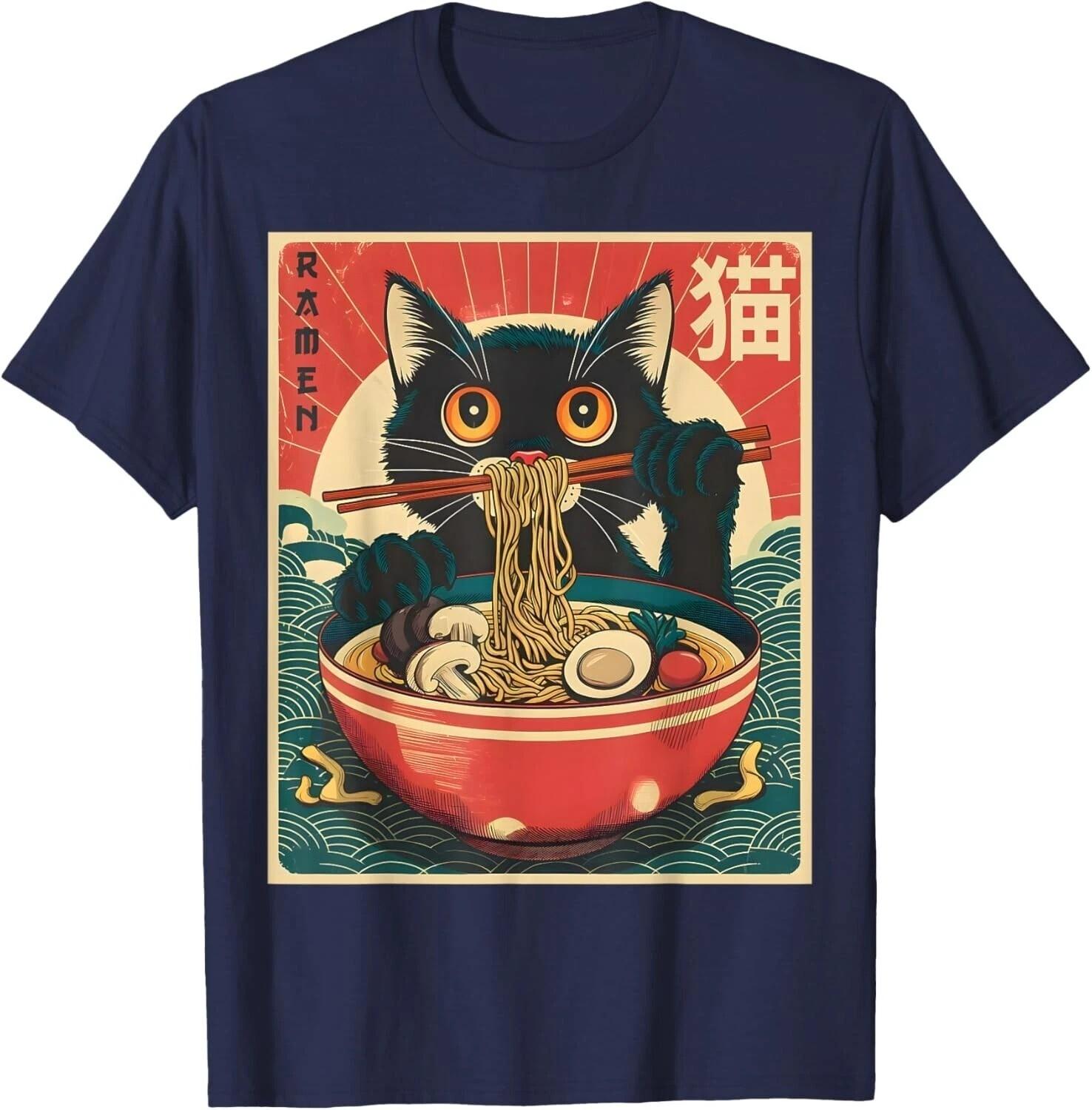 Kawaii Cat Anime Gifts Cat Ramen Graphic Tee Japanese Funny Unisex T-shirt XXL