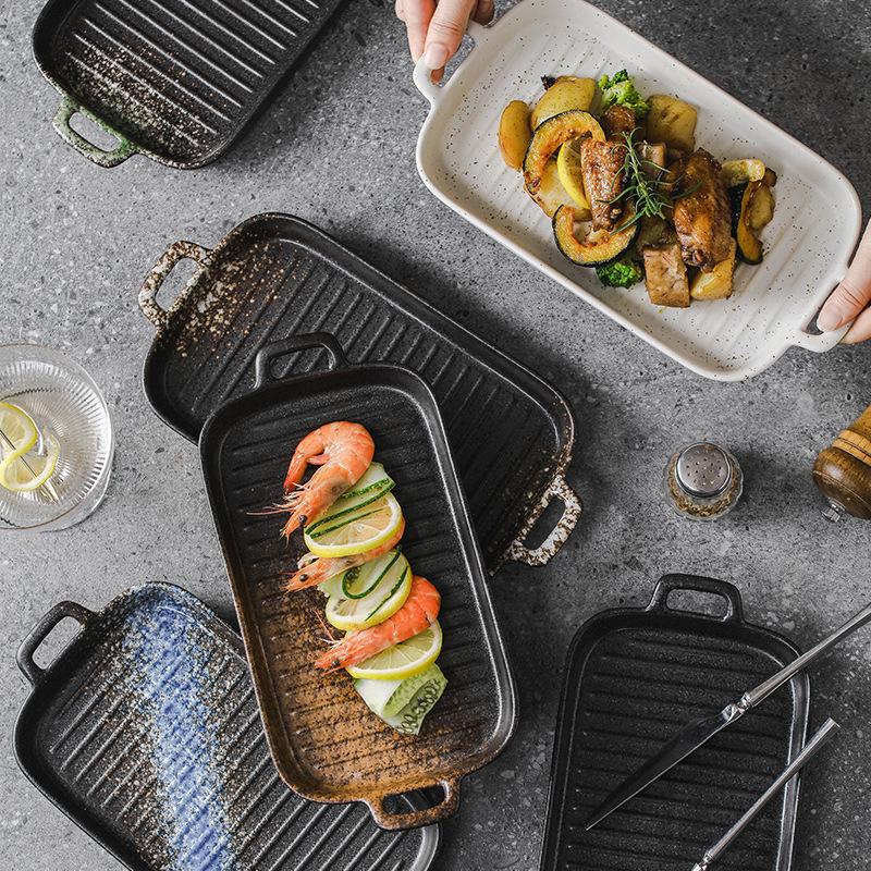 Ceramic Double Ear Plate Japanese Sushi Pasta Home Dish Commercial Tableware Rectangular Fruit Salad Plate