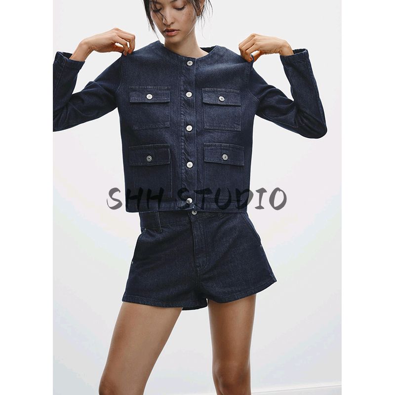 Spring New Women's Clothing Denim Shorts 6929001 Pocket round Neck Long Sleeves Denim Outwear 6929073