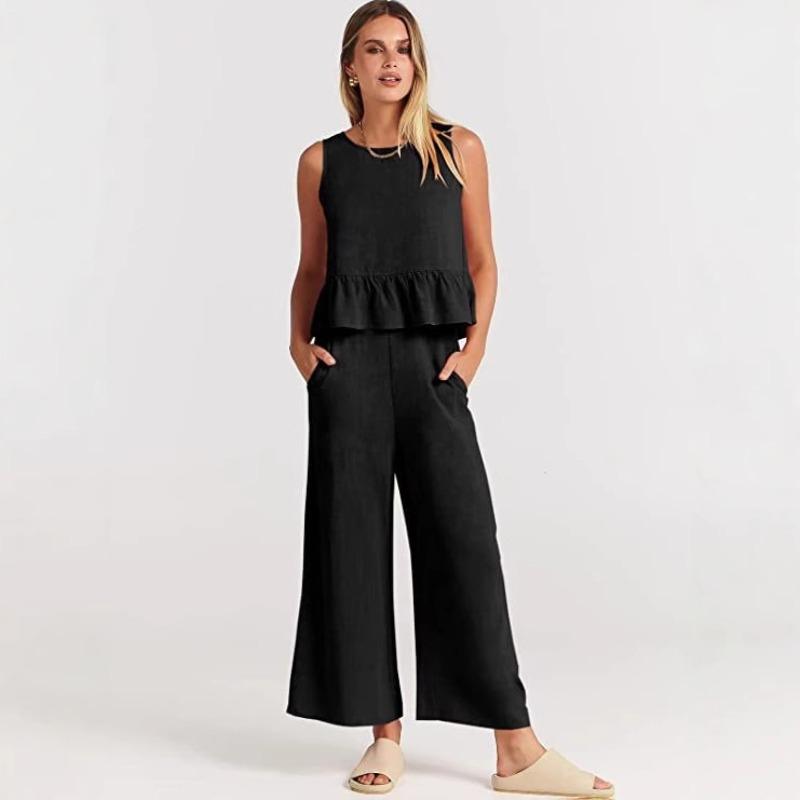 New Summer/Fall Sleeveless Tank Top and Wide-Leg Cropped Pants Casual Set for Women