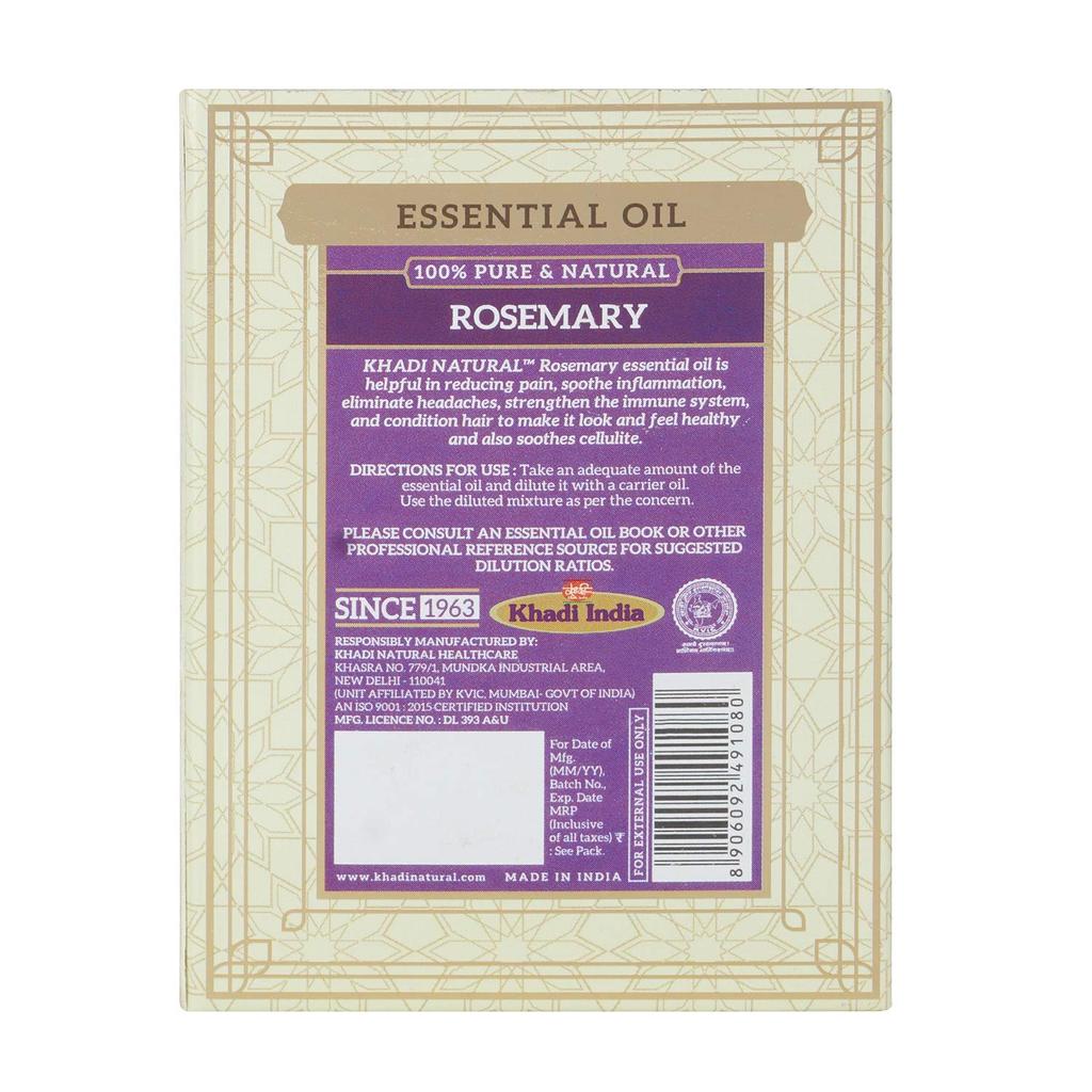 Khadi Natural Ayurvedic Rosemary Essential Oil For Hair Growth Skin Care And Aromatherapy Stress Relief 15 ml