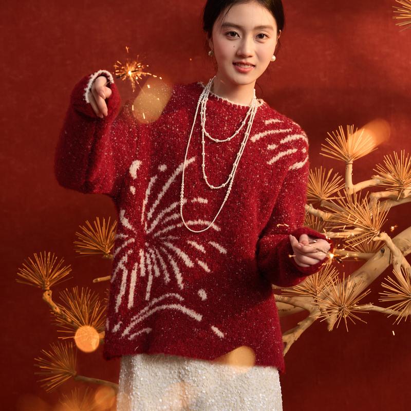 3COLOUR Sweaters Women's Cherry Red Crew Neck Moderate Straight Fit D411XC203M00