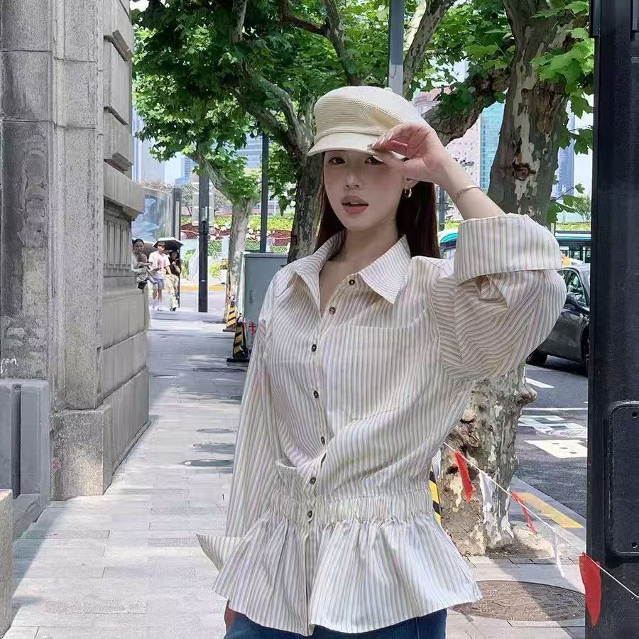 

Women s Striped Shirt Summer Korean Style Waist Cinching Slimming Shirt 3XL абрикосовий