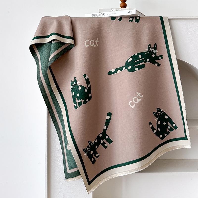 Winter Imitation Cashmere Scarf Women'S Double-Sided Cartoon Cat Shawl Warm Long Sweet And Cute Fringed Dual-Purpose Scarf