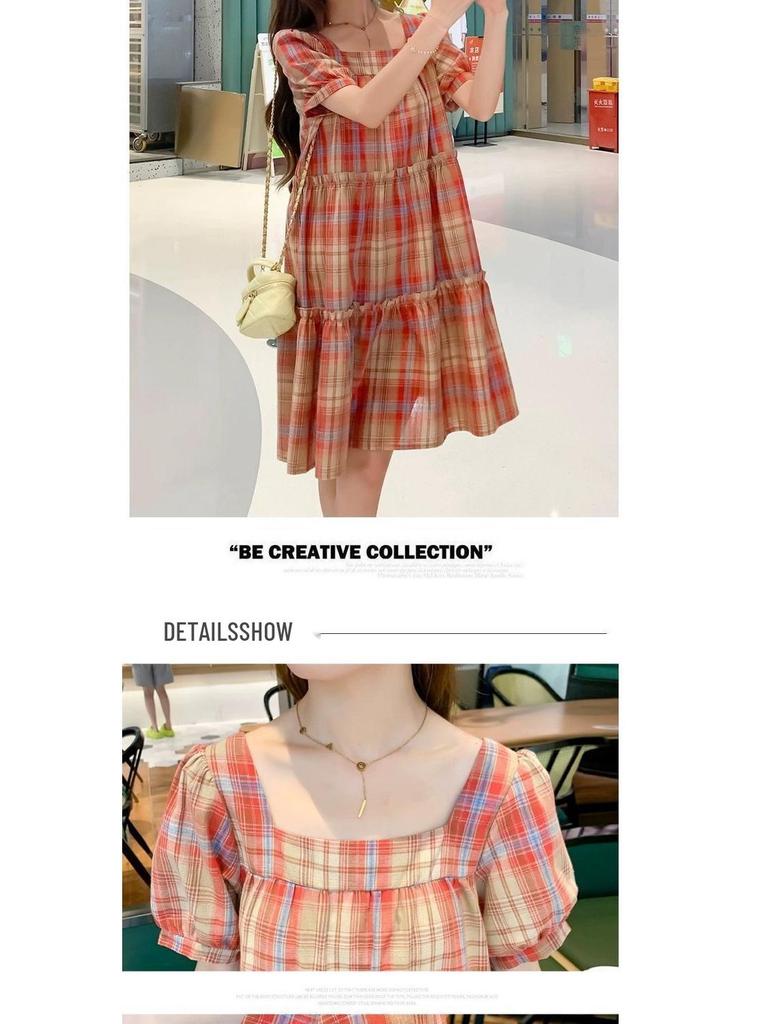 2024 Frisches Karomuster A-Linien Kurzarmkleid für zierliche Frauen