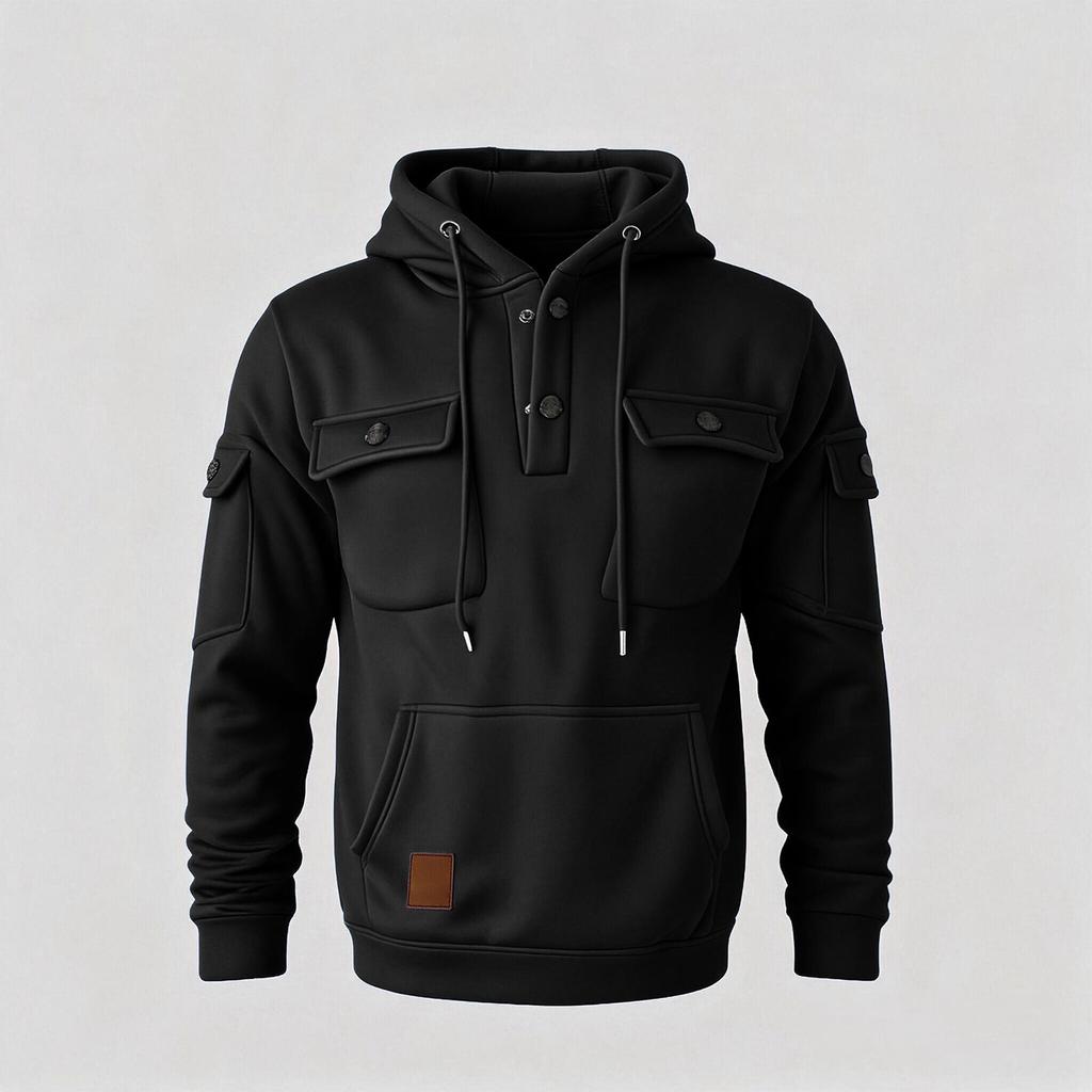 Men's Outdoor Hooded Sweatshirt with Multi Pockets, Long Sleeve Warm Casual Pullover