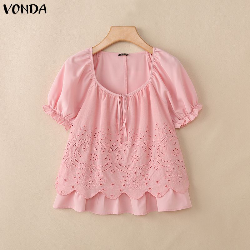 VONDA Camicie Bluse Casual Estive da Donna con Scollo a U, Intreccio di Pizzo all'Uncinetto sul Davanti, Manica Corta