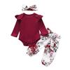 New Autumn Winter Baby Girls Ribbed Long Sleeve Floral Print Pants Headband 3 Piece Set Wine Red Infant Toddler Outfit
