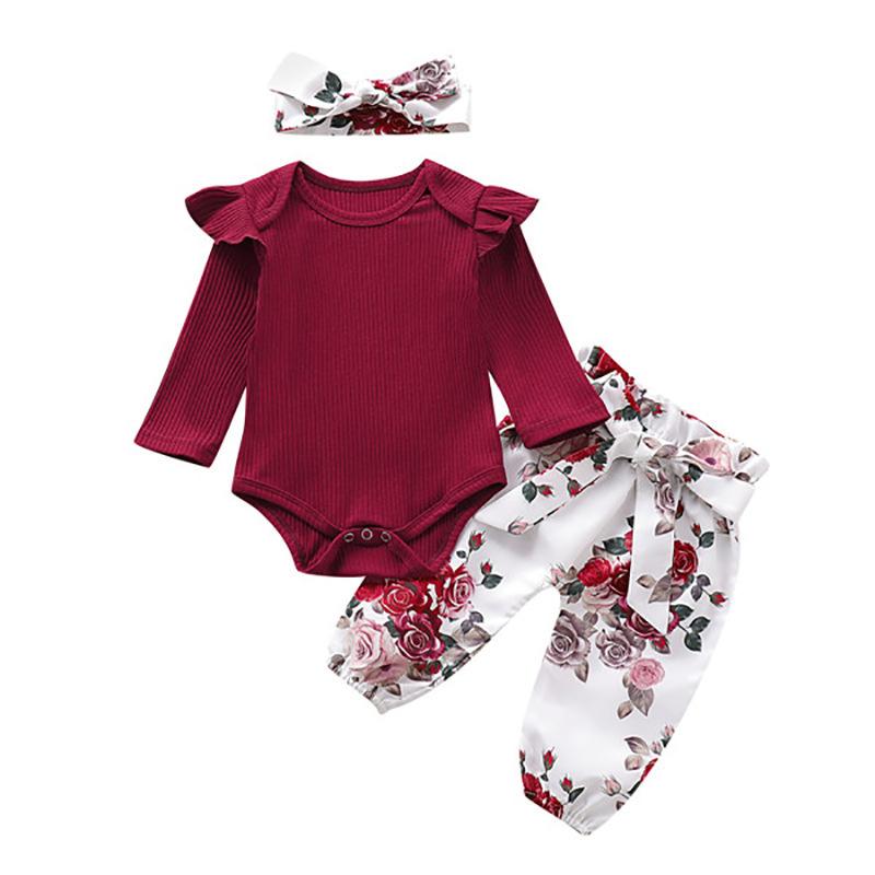 New Autumn Winter Baby Girls Ribbed Long Sleeve Floral Print Pants Headband 3 Piece Set Wine Red Infant Toddler Outfit