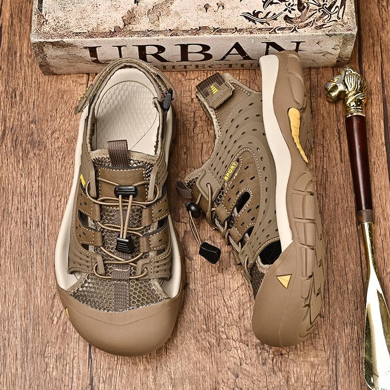 Fashion Non-Slip Walking Sandals Leisure Walk Outdoor Beach Flats Anti-collision Toe Driving Shoes Handmade Men Summer Mesh Footwear
